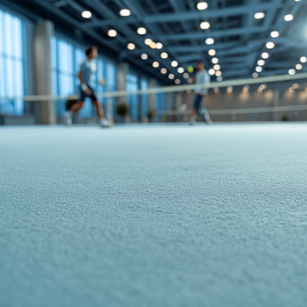 Ein unscharfes Bild des Bodenbelags in einer modernen Sporthalle, während zwei Spieler Tennis spielen. Die Lichtverhältnisse sind hell, und große Fenster lassen Tageslicht herein.