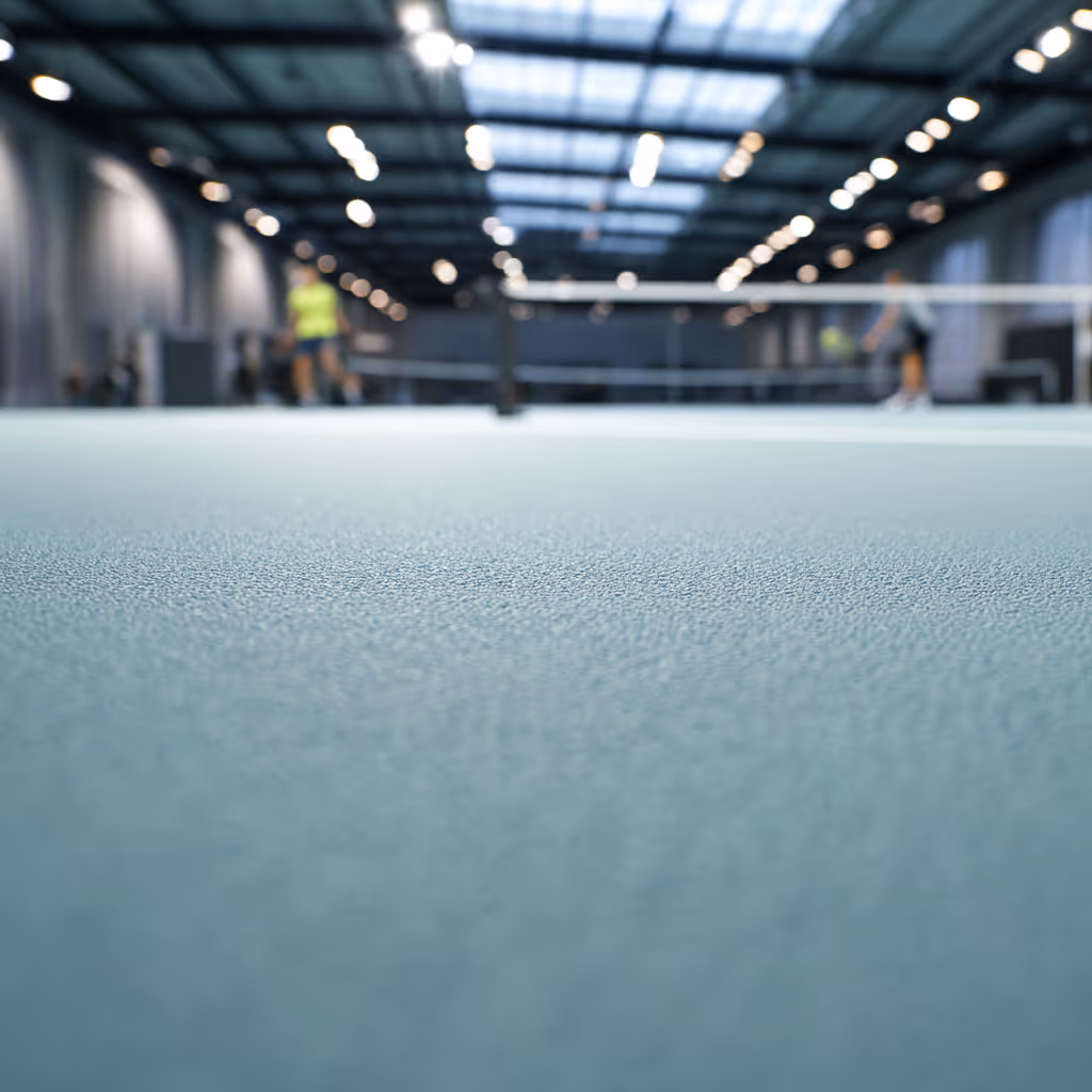Nahaufnahme eines Tennisplatzes mit einer strukturierten, blauen Spielfläche. Im Hintergrund sind verschwommene Spieler in Aktion zu sehen, während das Tageslicht durch große Fenster strahlt.