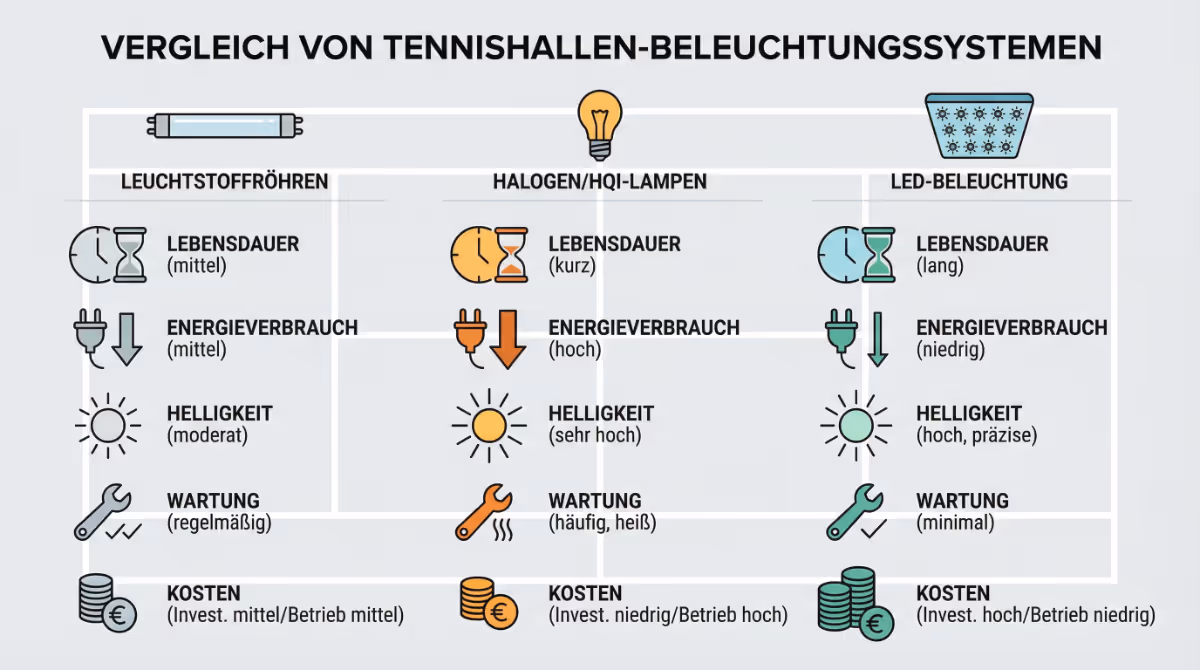 Ein Diagramm mit dem Titel "Vergleich von Tennishallen-Beleuchtungssystemen", das Unterschiede zwischen Leuchtstoffröhren, Halogen/HQI-Lampen und LED-Beleuchtung hinsichtlich Lebensdauer, Energieverbrauch, Helligkeit, Wartung und Kosten darstellt, illustriert durch Symbole.