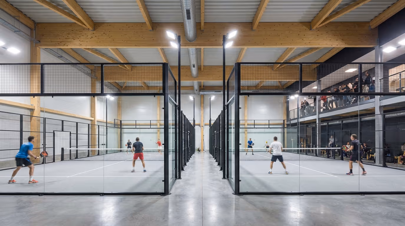 Personen spielen Padel-Tennis in einer modernen Halle.