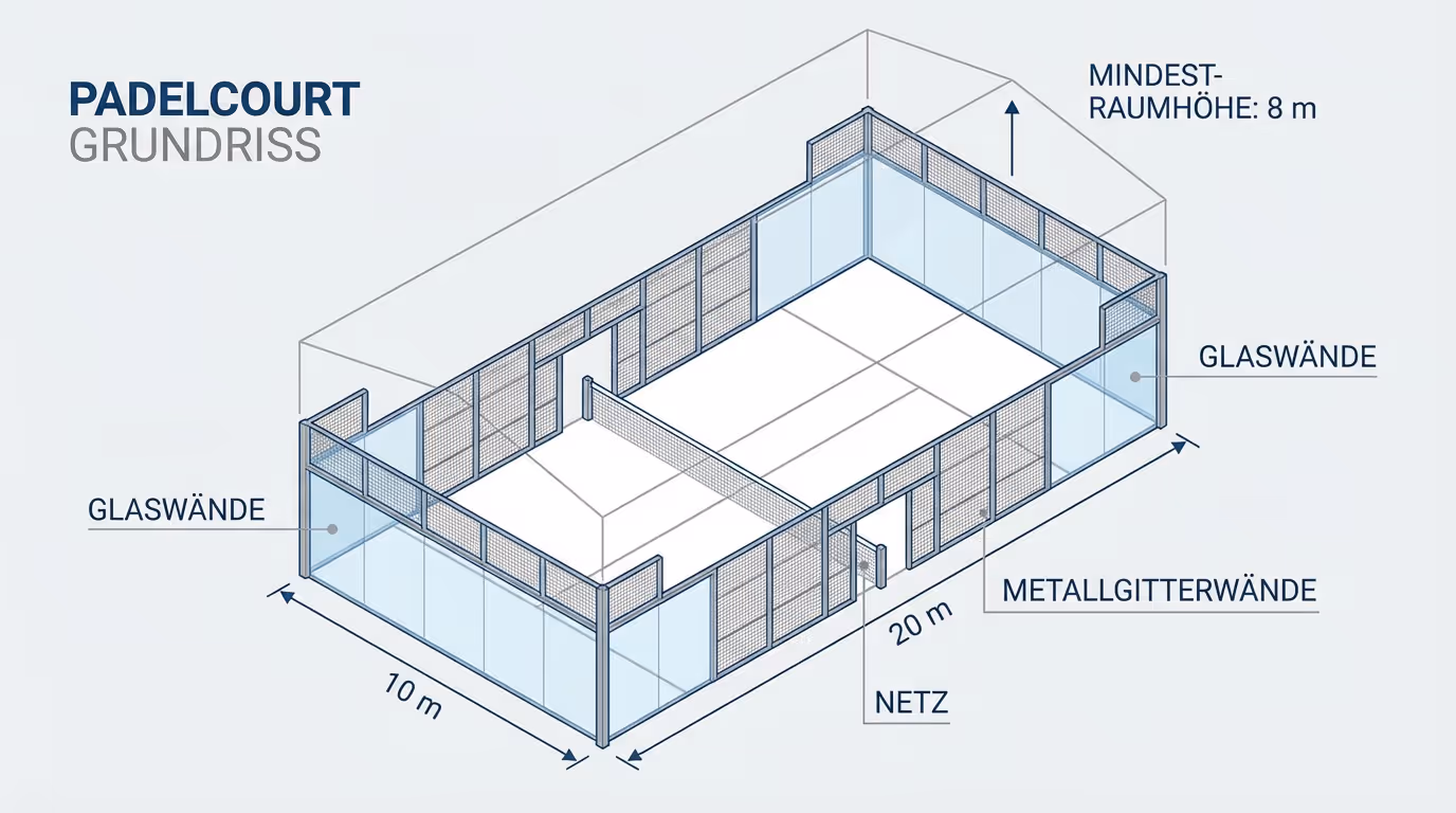 3D-Diagramm eines Padelcourts mit Abmessungen.
