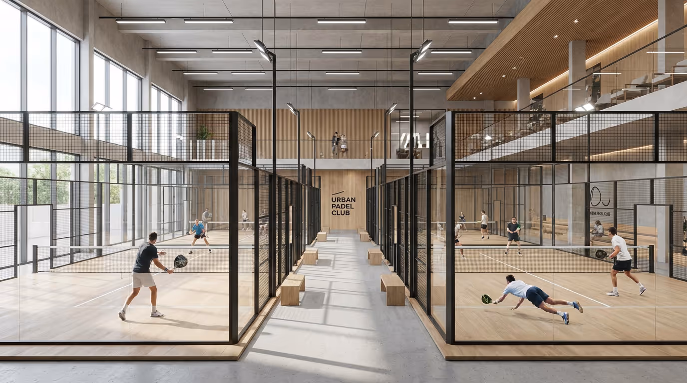 Innenansicht eines Sportzentrums mit Squash-Courts.