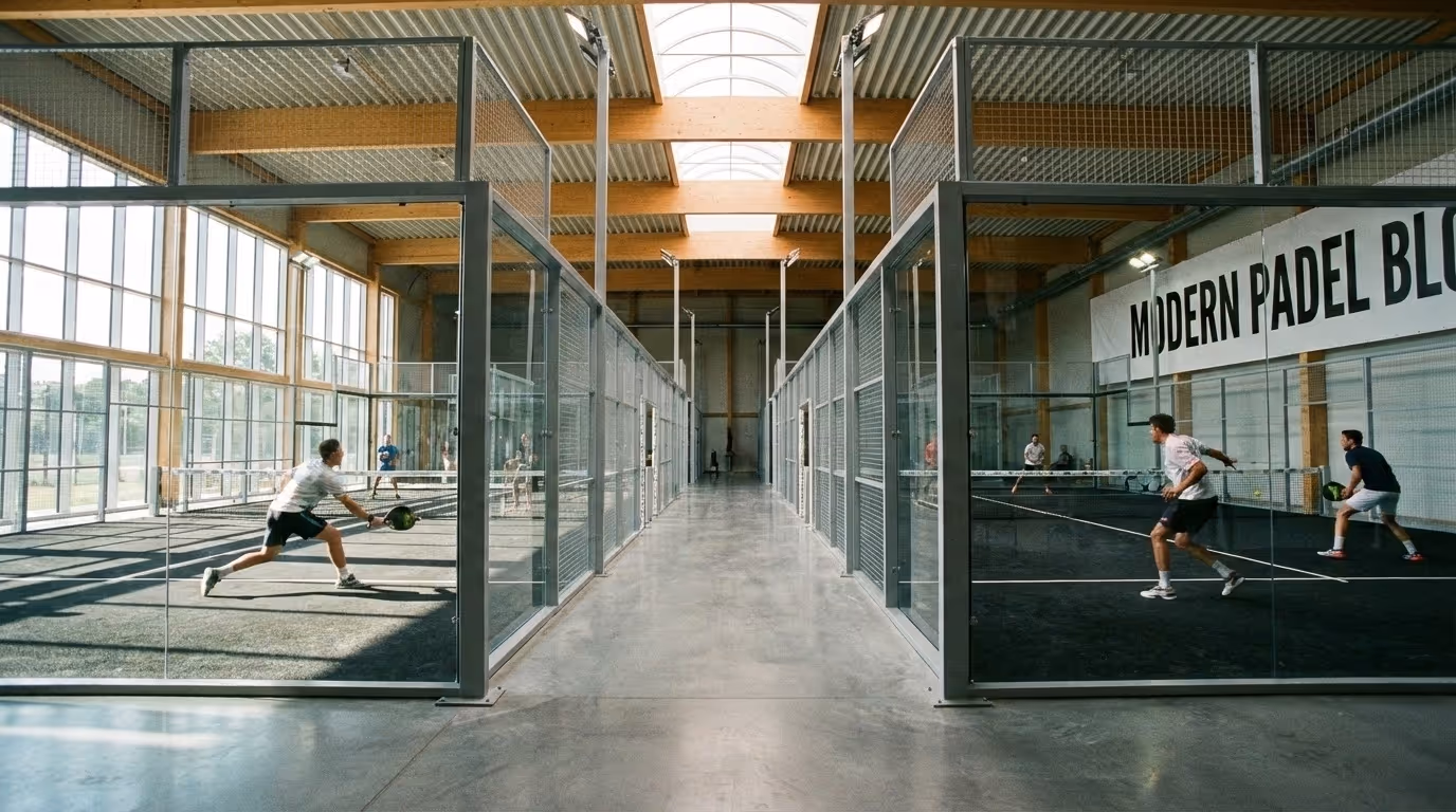 Zwei Personen spielen Paddle-Tennis in modernen Hallen.