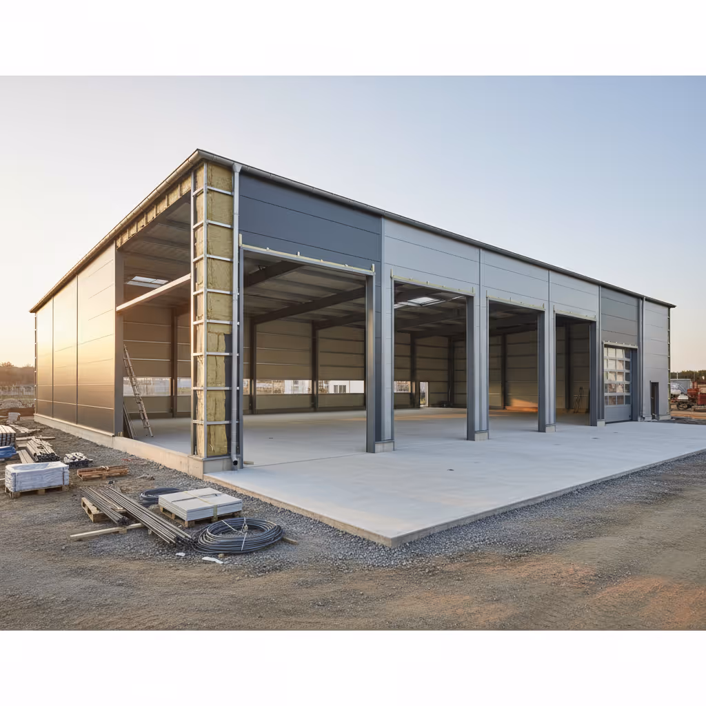 Ein modernes, offenes Lagergebäude mit großen Fenstern.