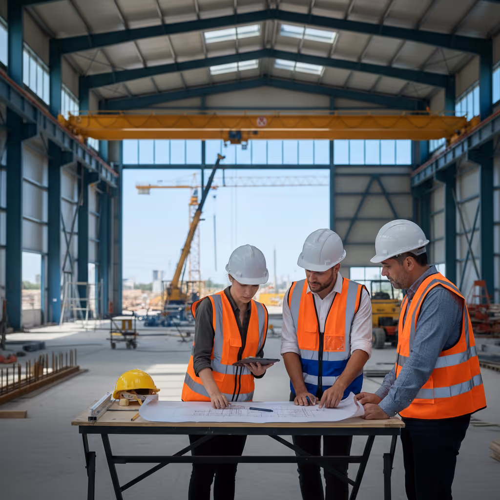 Drei Bauarbeiter mit Helmen und Warnwesten, schauen auf Baupläne.