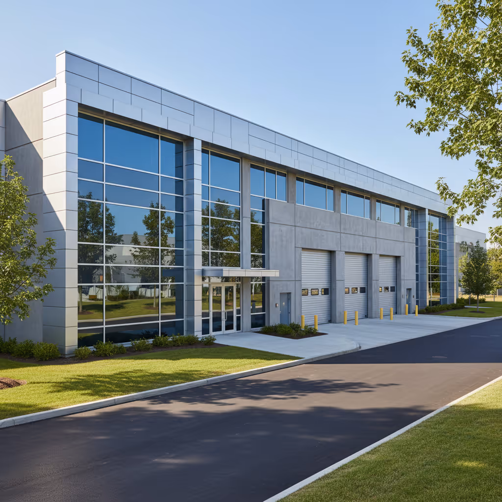 Modernes Bürogebäude mit großen Fenstern und Rasenflächen.