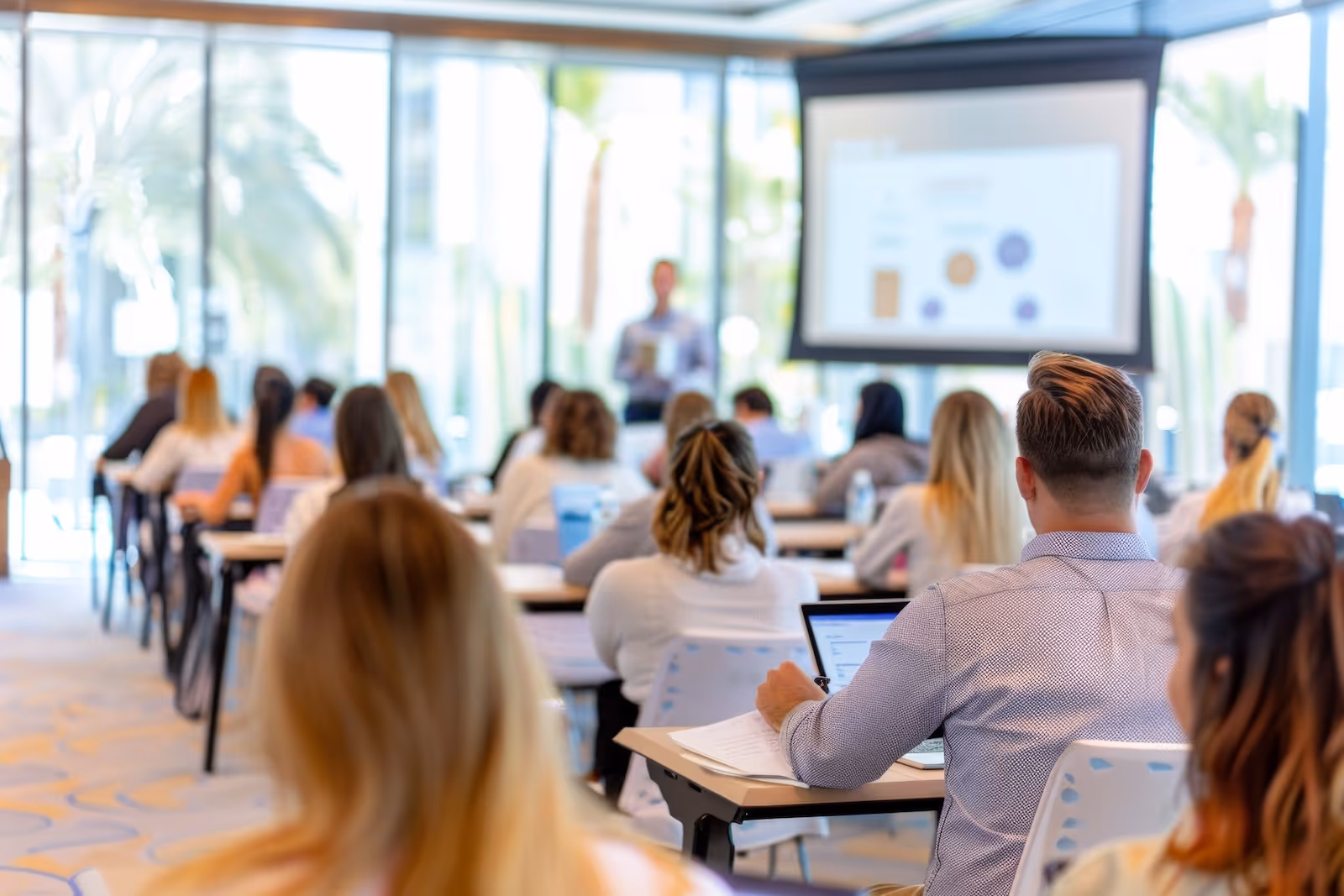 A group of people sitting at desks in front of a projector screen.