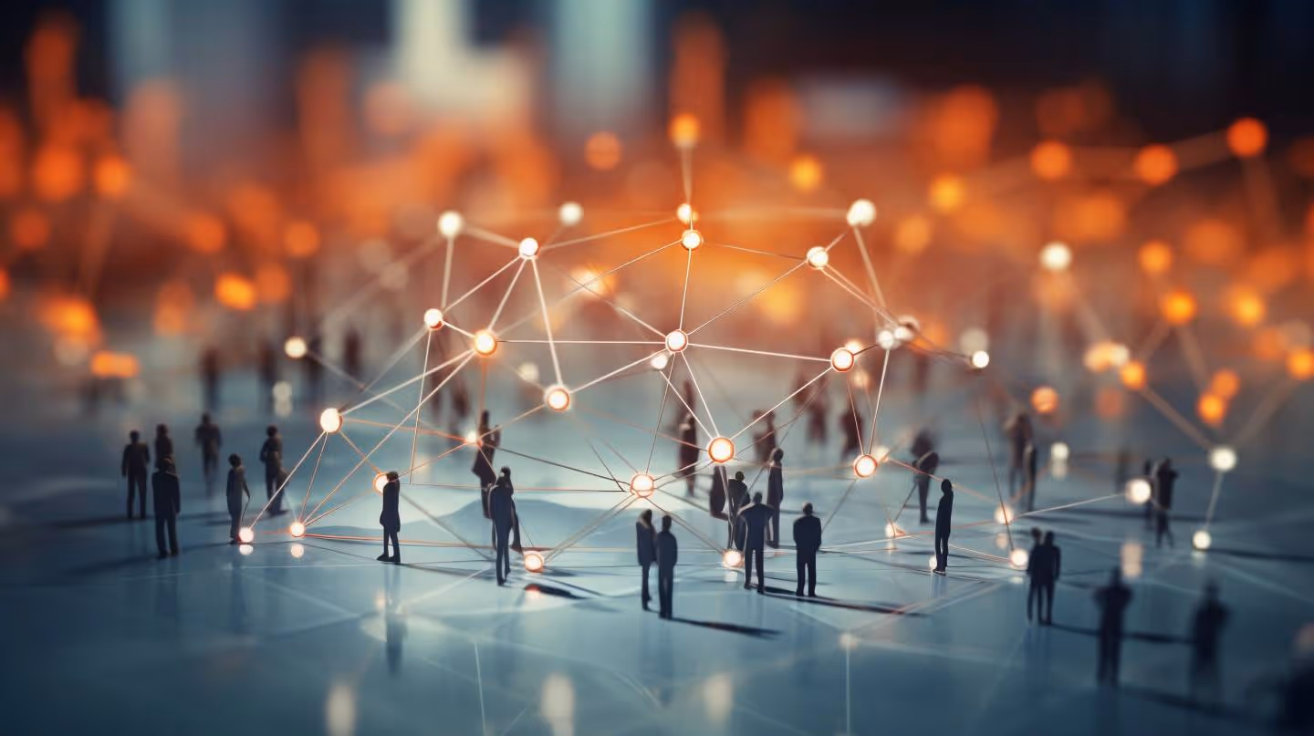 A group of people standing in front of a network.