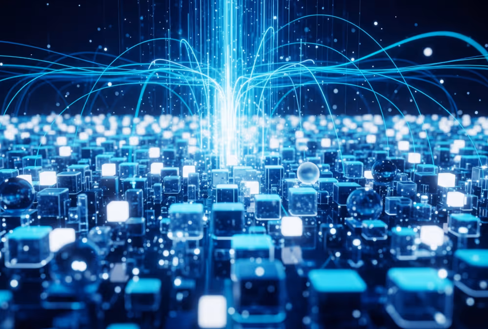 Glowing blue cubes and spheres connected by digital light lines representing data flow or network.