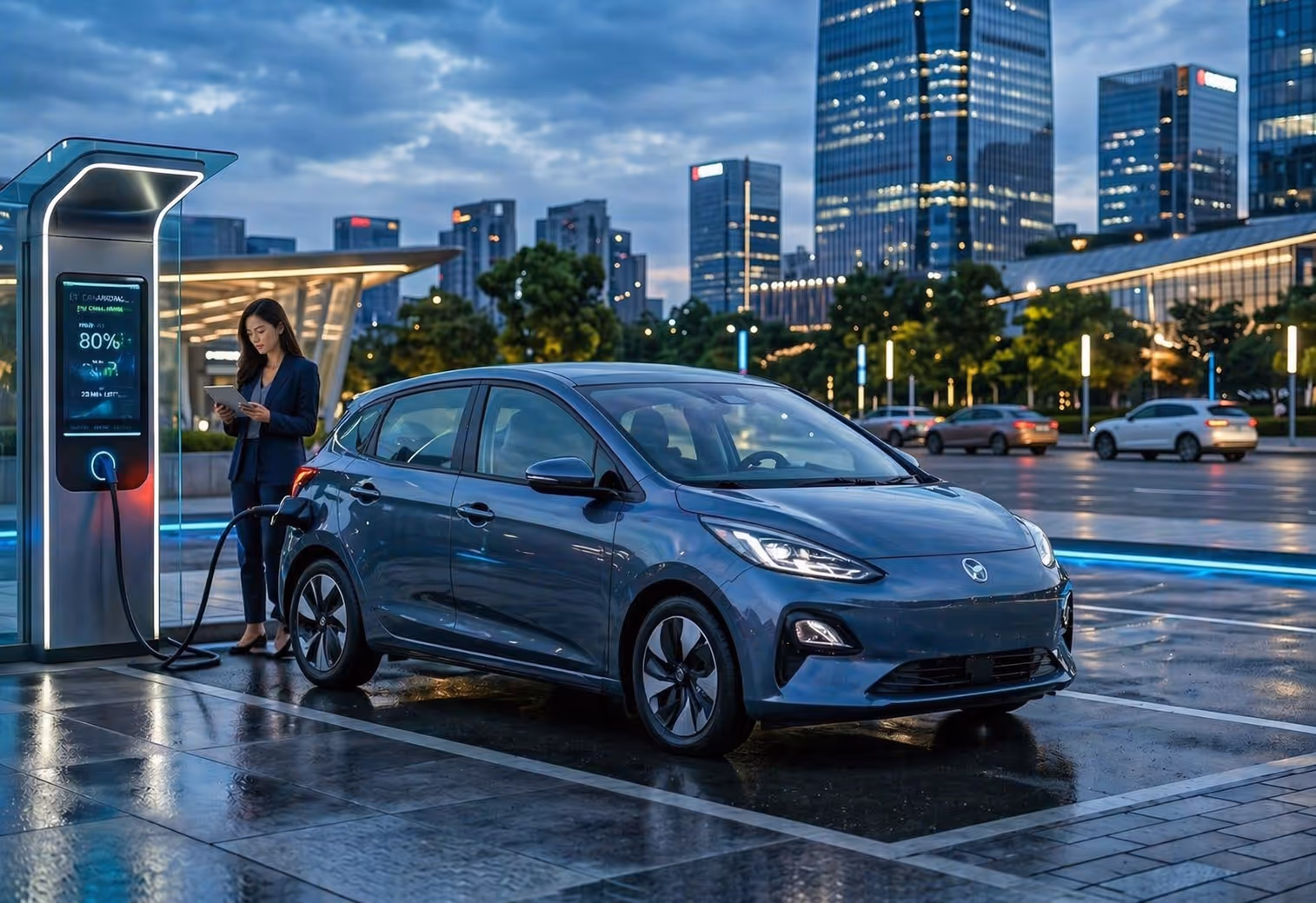 Electric car charging at station with woman using tablet in a city parking area at dusk.