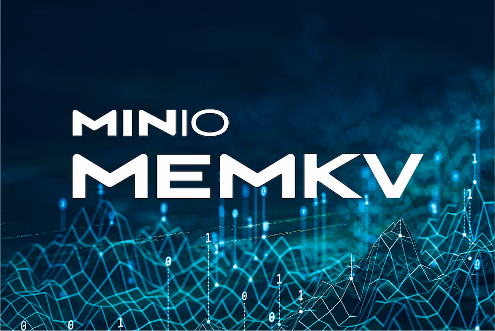 MinIO MemKV logo over a digital 3D graph with blue and teal lines and binary digits.