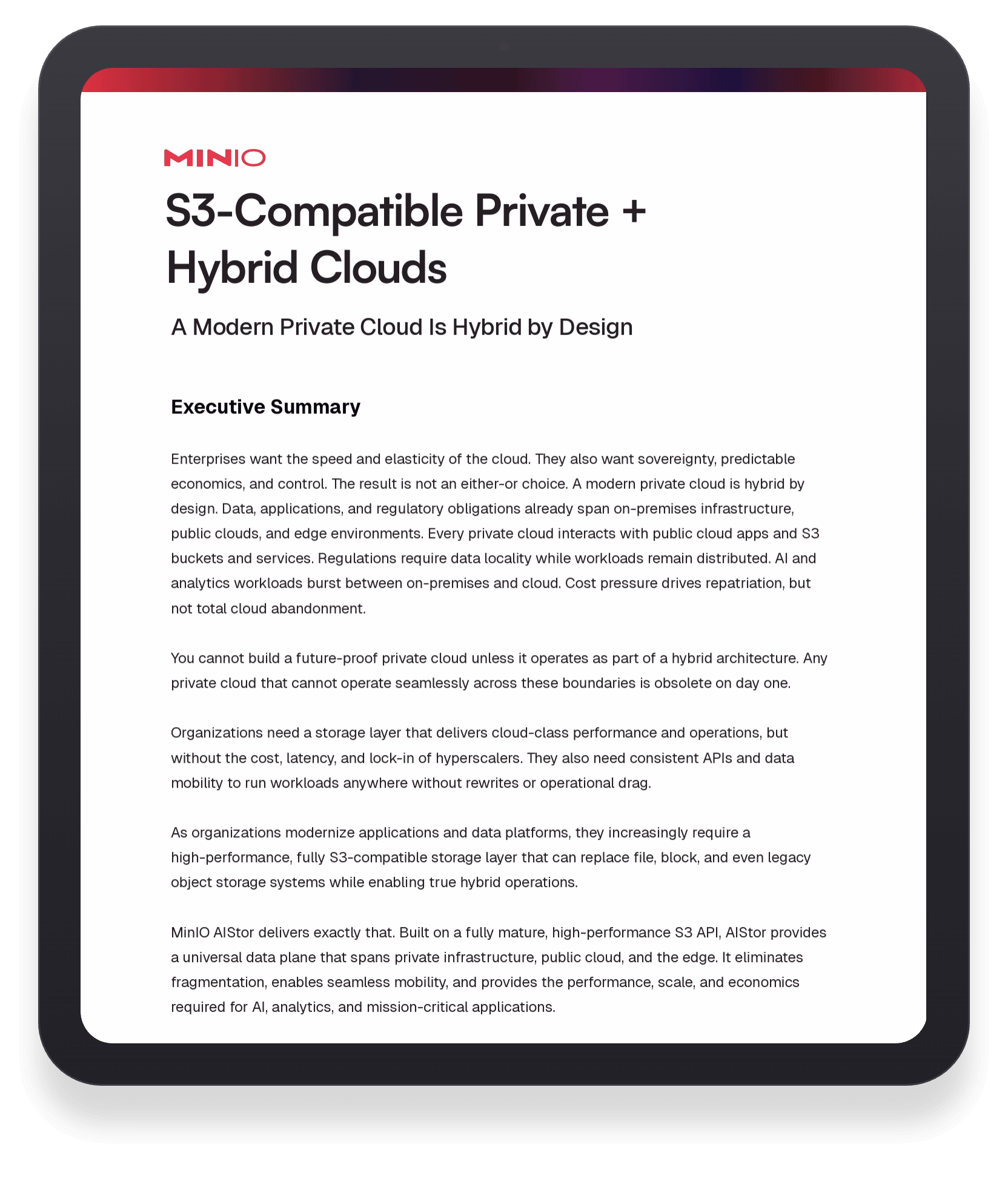 Document titled 'S3-Compatible Private + Hybrid Clouds' with executive summary text on cloud design and MinIO AIStor.