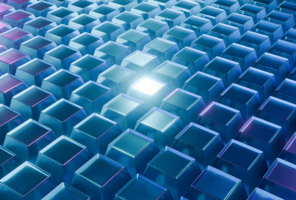 Glowing white cube among rows of translucent blue cubes in a digital 3D pattern.
