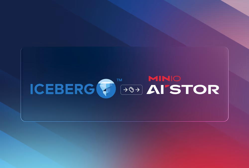 Iceberg and MinIO AIStor logos separated by a symbol with arrows and a chain link on a gradient background.