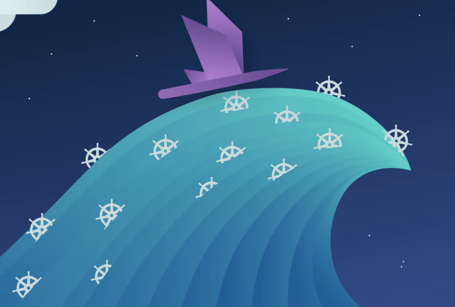 Purple sailboat sailing on a stylized wave decorated with ship wheels under starry night sky.