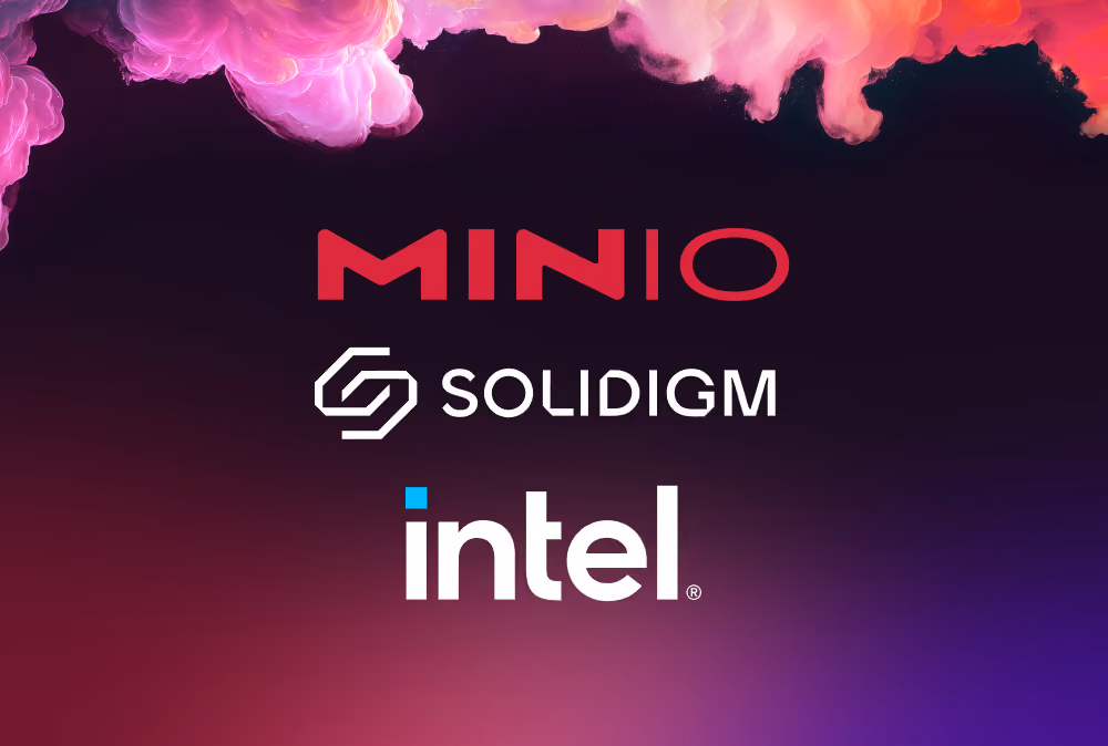 Logos of MinIO, Solidigm, and Intel on a dark background with pink and orange cloud-like shapes.