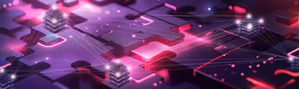 Close-up of glowing electronic circuit board with interconnected glowing nodes and neon purple-pink lights.