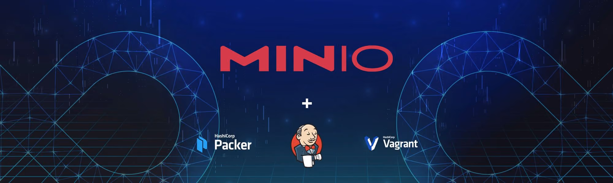 MinIO logo above Jenkins mascot, with HashiCorp Packer and Vagrant logos on either side.