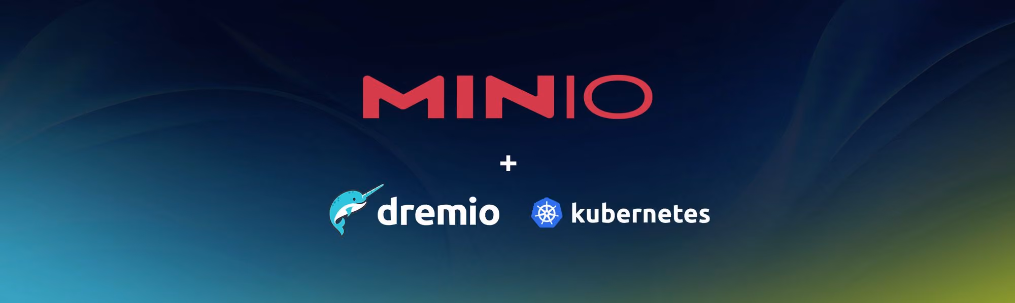 Logos of Minio, Dremio with a dolphin, and Kubernetes with a ship wheel on dark gradient background.
