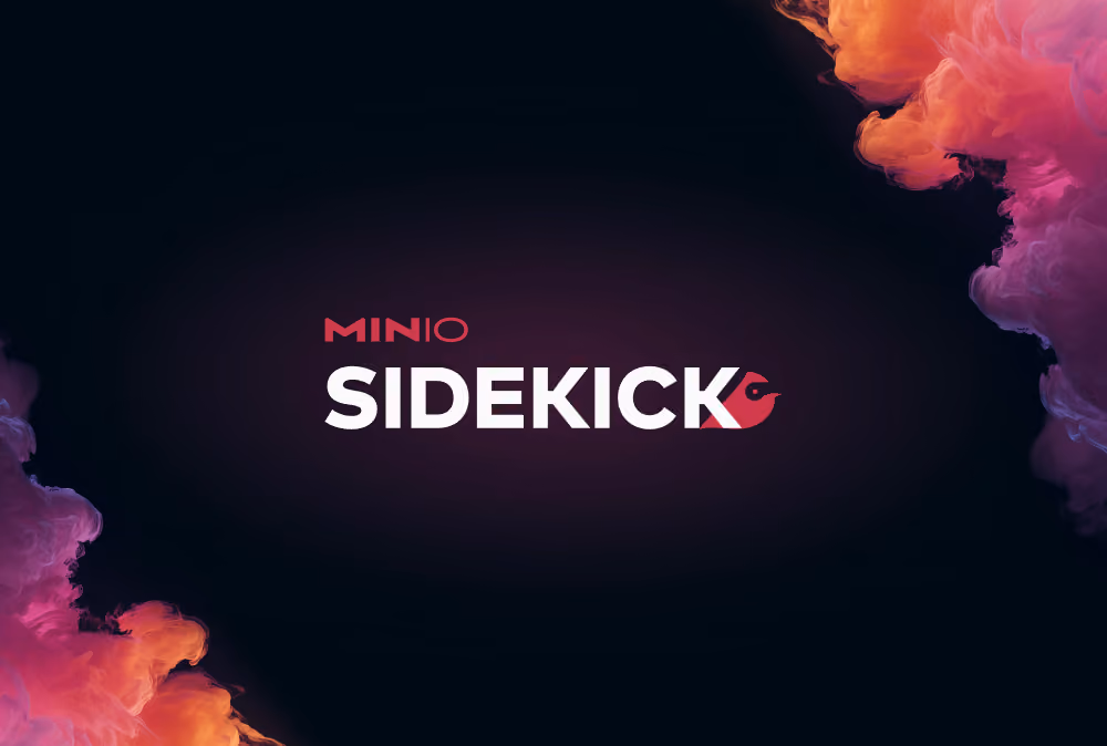 MinIO Sidekick logo text with colorful smoke clouds on dark background.