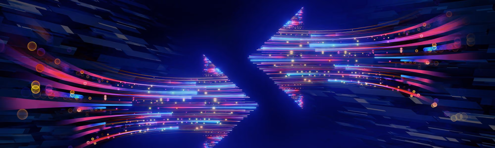 Two opposing arrows formed by colorful glowing streaks and dots on a dark blue digital background.