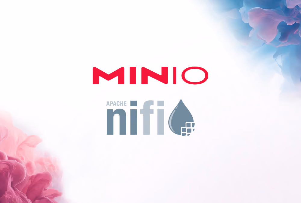Logos of MinIO in red and Apache Nifi in blue on a white background with colorful abstract edges.