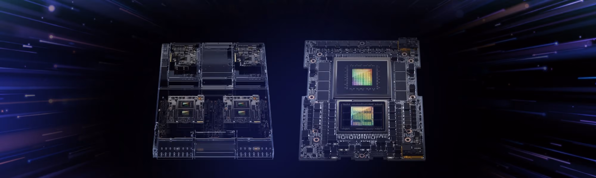Two transparent electronic circuit boards with visible chips and components against a dark background.
