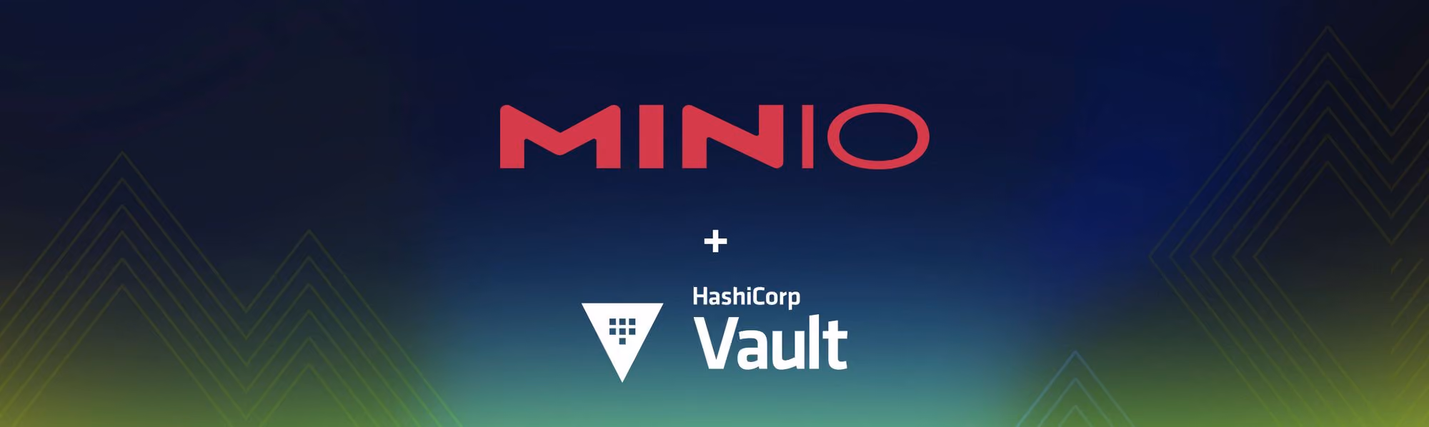 Minio and HashiCorp Vault logos with dark gradient background and arrow designs on sides.
