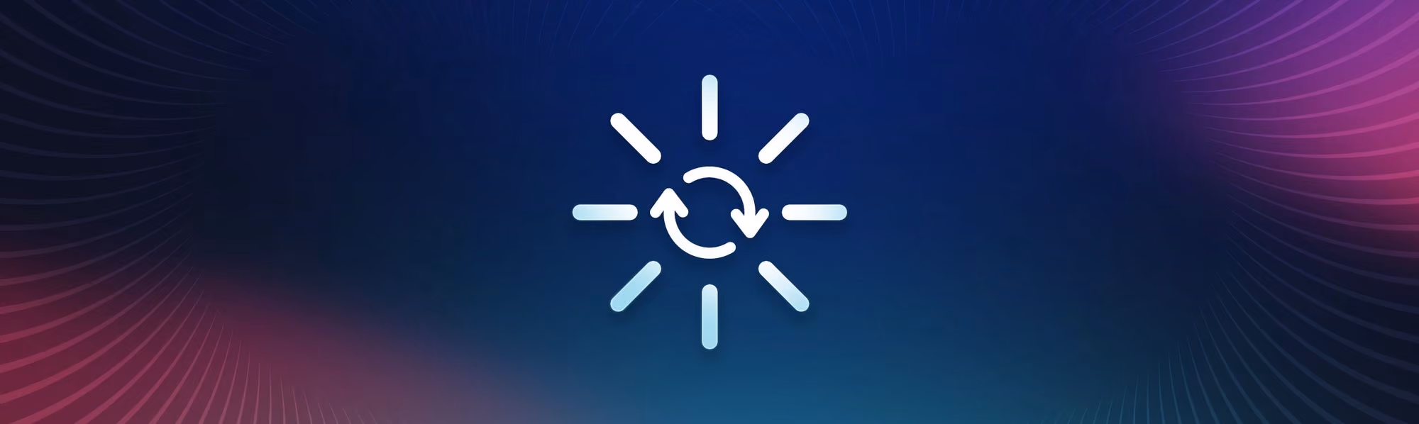 White circular arrows inside a sun icon on a blue background with purple gradient accents.