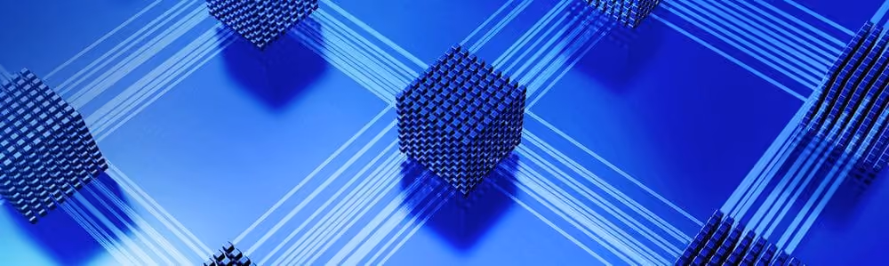 Blue connected 3D cubes linked by white parallel lines on a gradient blue background.