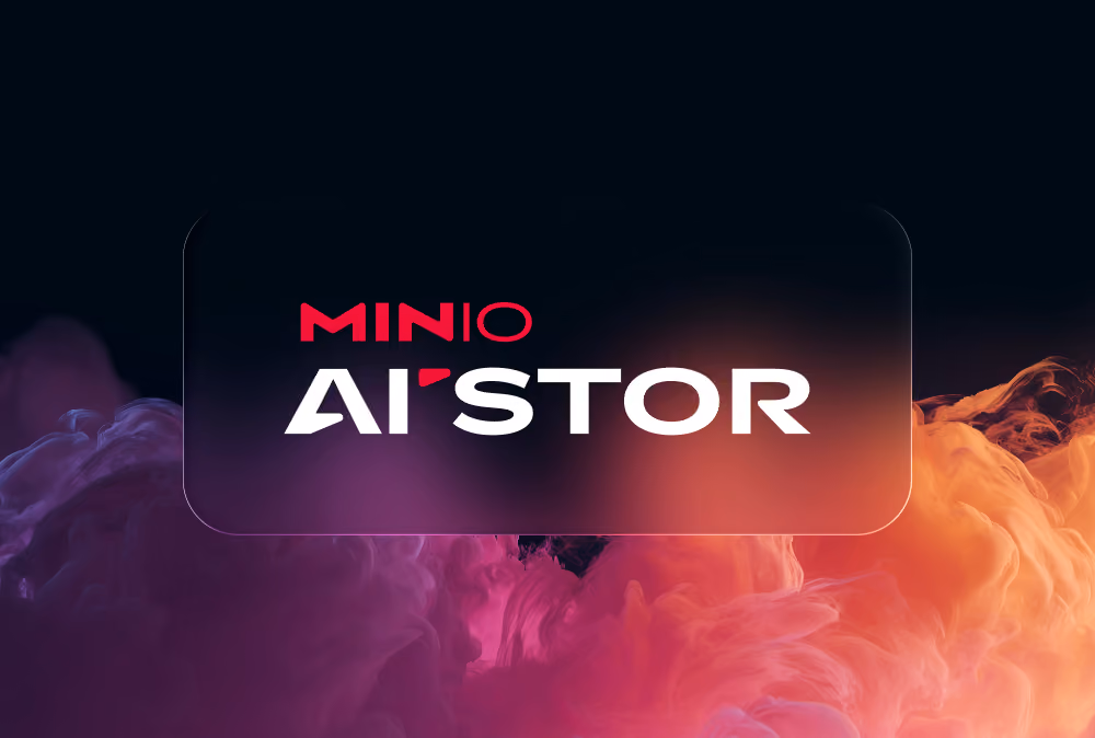 MinIO AI Stor logo with a colorful smoky background in purple and orange hues.