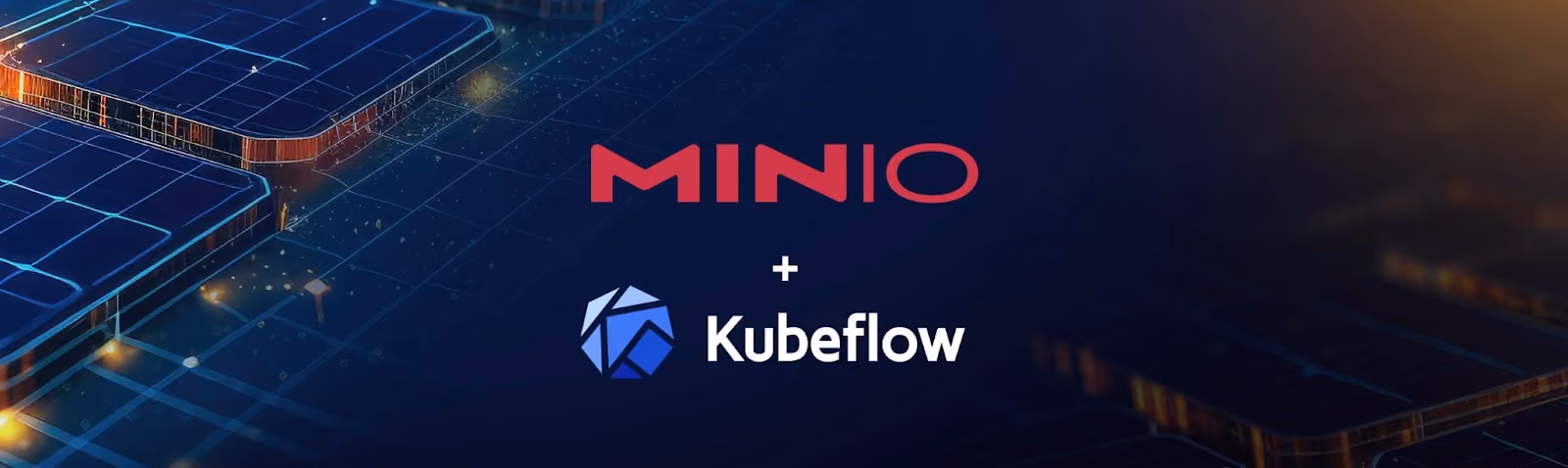MINIO logo above Kubeflow logo with a plus sign on a dark tech background.