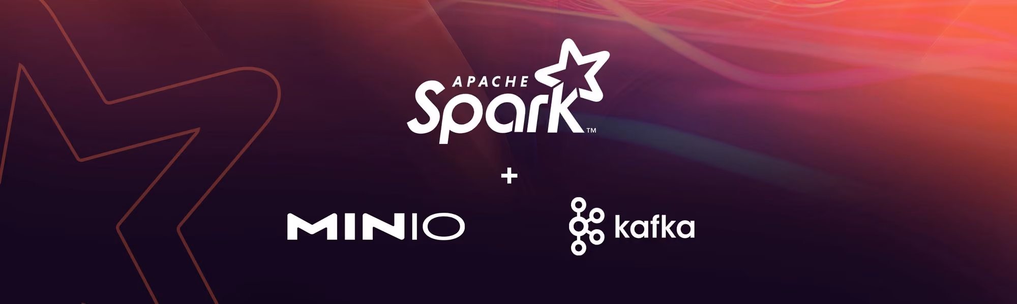 Apache Spark logo above MinIO and Kafka logos on a dark red and purple gradient background.