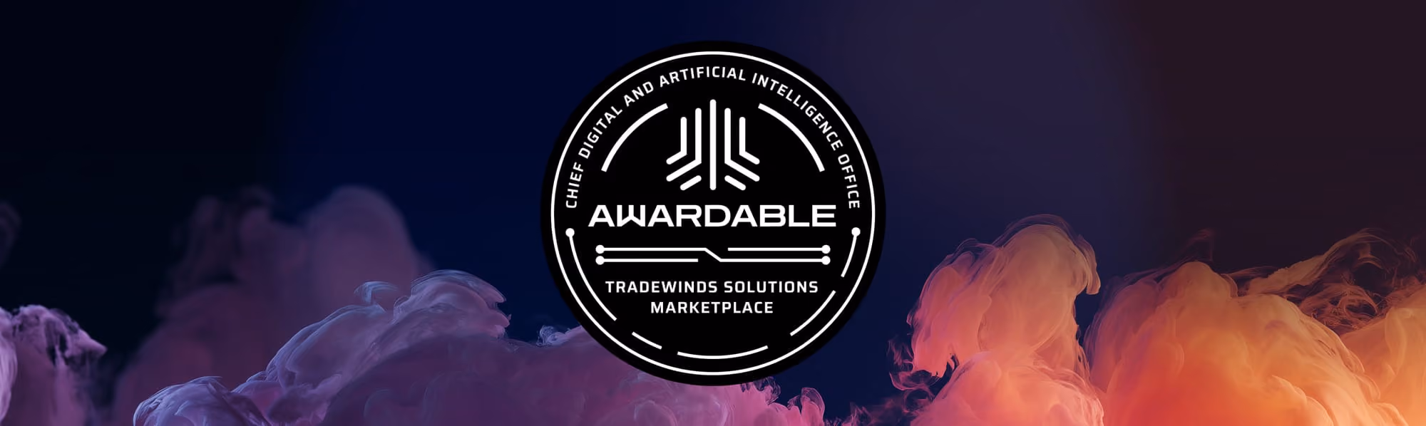 Awardable seal for Chief Digital and AI Office Tradewinds Solutions Marketplace on colorful smoke background.