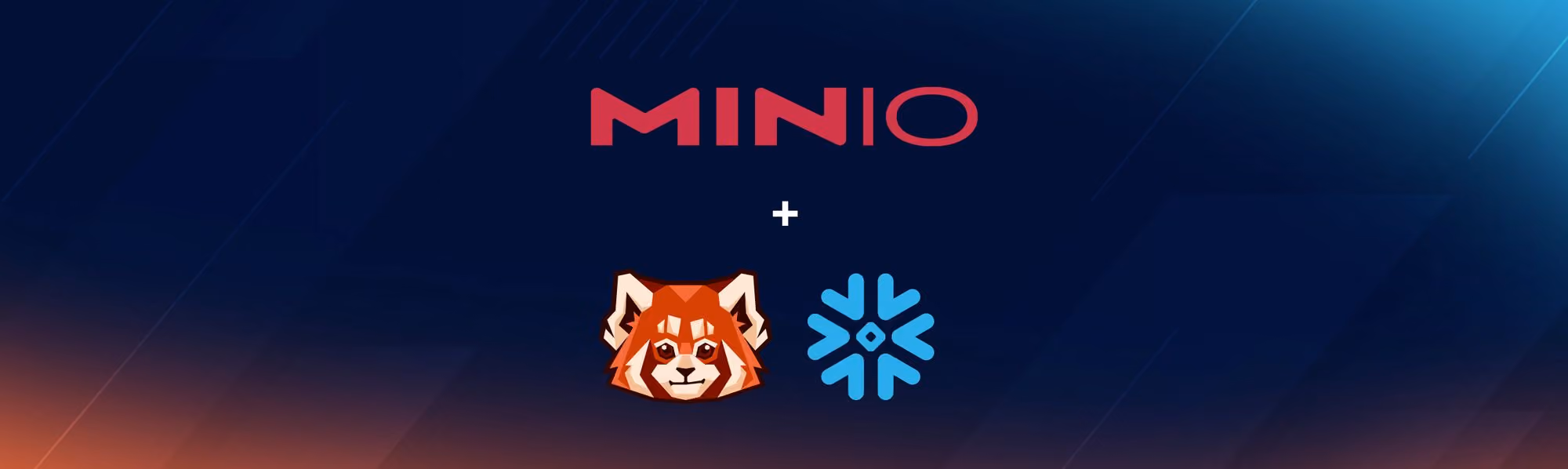 Red MinIO text over plus sign with red panda and blue snowflake logos on dark gradient background.