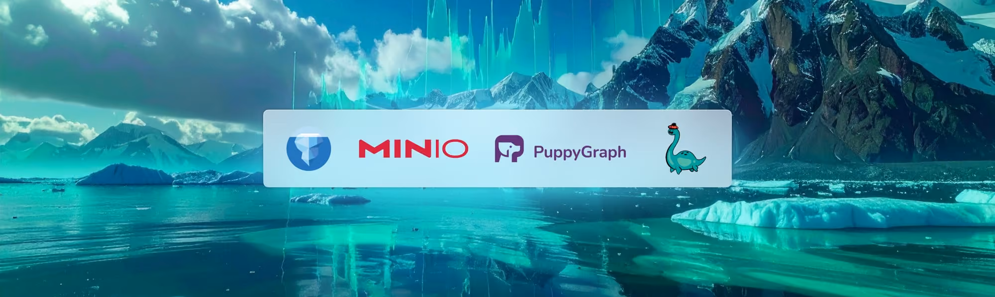 Logos of MinIO and PuppyGraph displayed over a serene Arctic landscape with ocean and mountains.