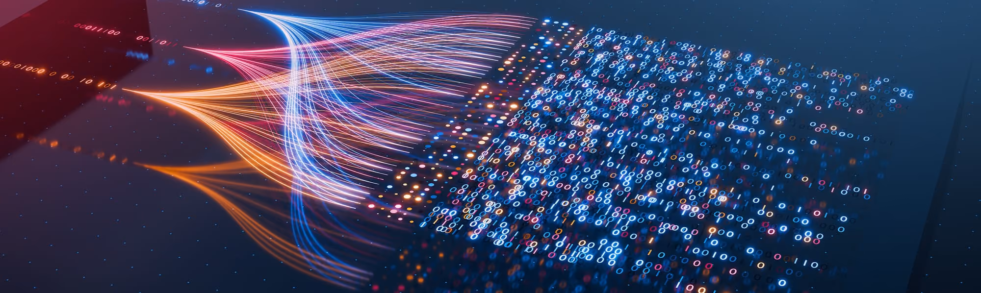 Colorful digital lines flowing into a block of glowing binary code on a dark grid background.