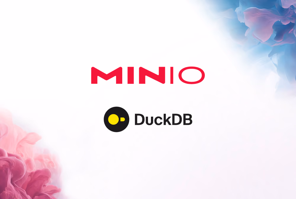 MinIO and DuckDB logos on a white background with pink and blue abstract designs.