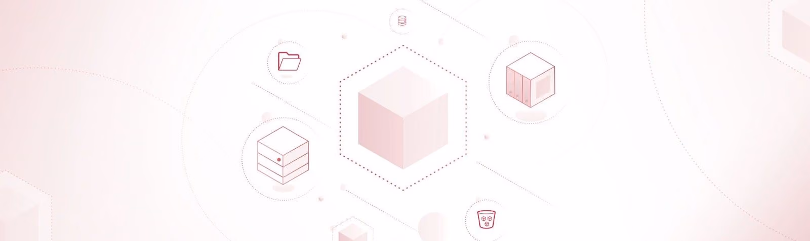 Central 3D cube surrounded by icons of folder, server, database, and trash can connected with dotted lines.