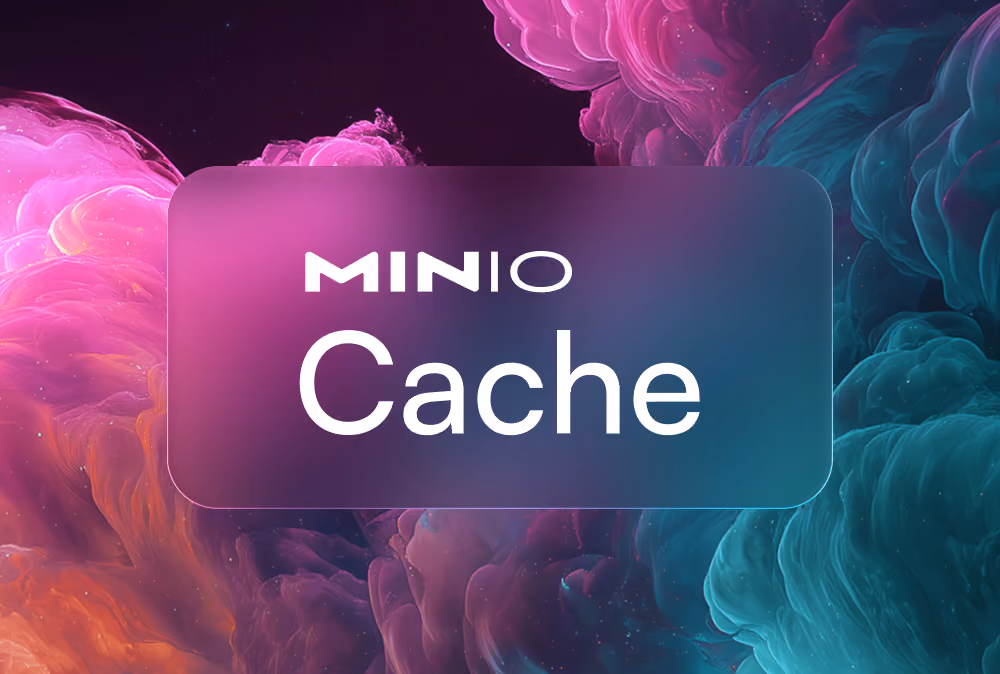 Text 'MINIO Cache' on a rounded rectangle over colorful abstract cloud-like background.