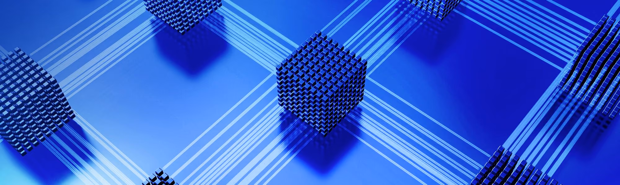 Blue digital network with interconnected cubes symbolizing data or technology connections.