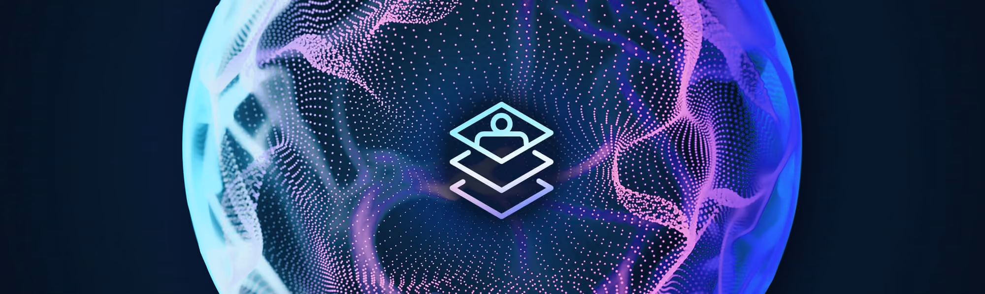 Digital sphere with purple-blue dots swirling around a layered user icon in the center.