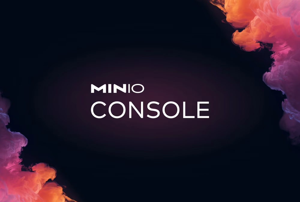 MINIO CONSOLE text on dark background with colorful pink and orange smoke clouds on corners.