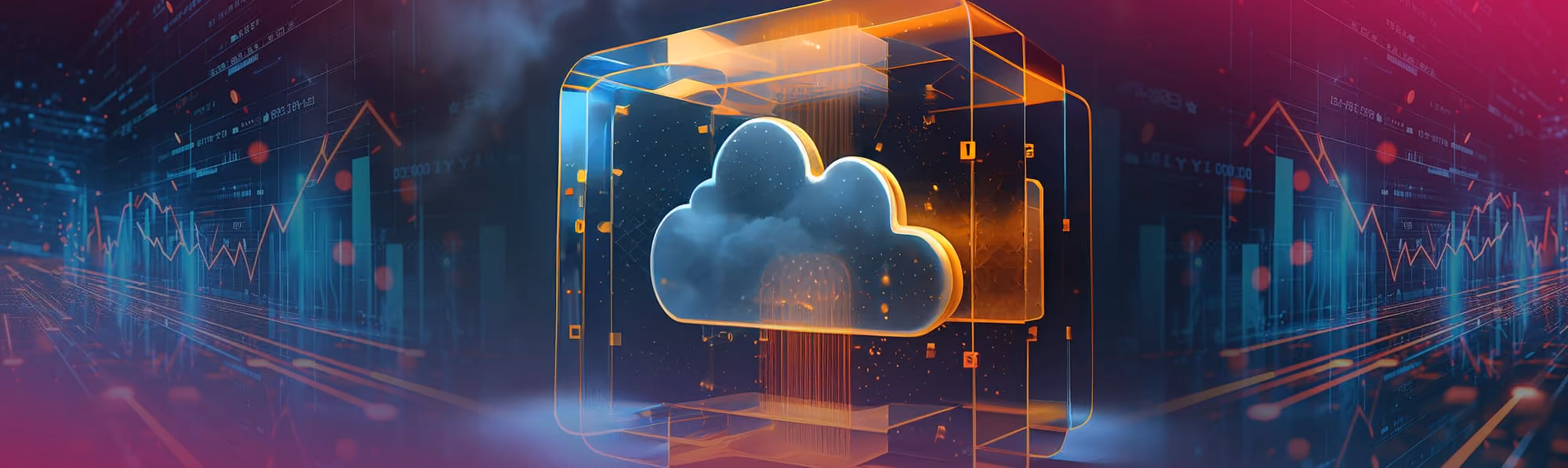 3D glowing cloud icon inside a cube with digital financial graphs and data in the background.