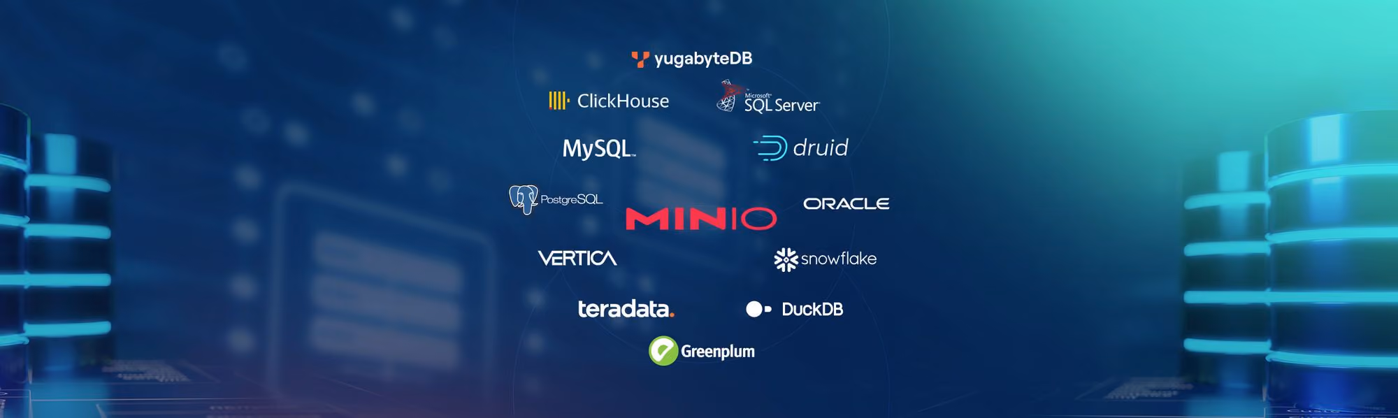Logos of databases like YugabyteDB, ClickHouse, MySQL, PostgreSQL, MinIO, Oracle, and Snowflake on a tech background.