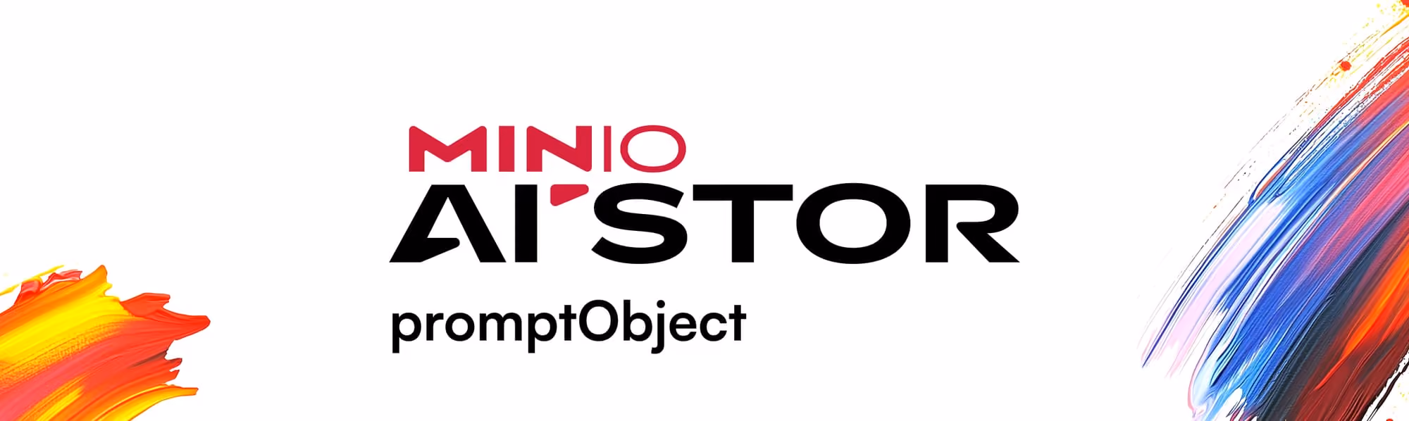 Minio AI Stor promptObject logo with colorful paint brush strokes on white background.