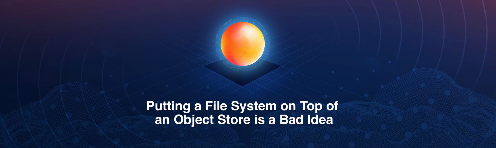 Glowing orange and yellow sphere above a black square on a blue network grid background with text.