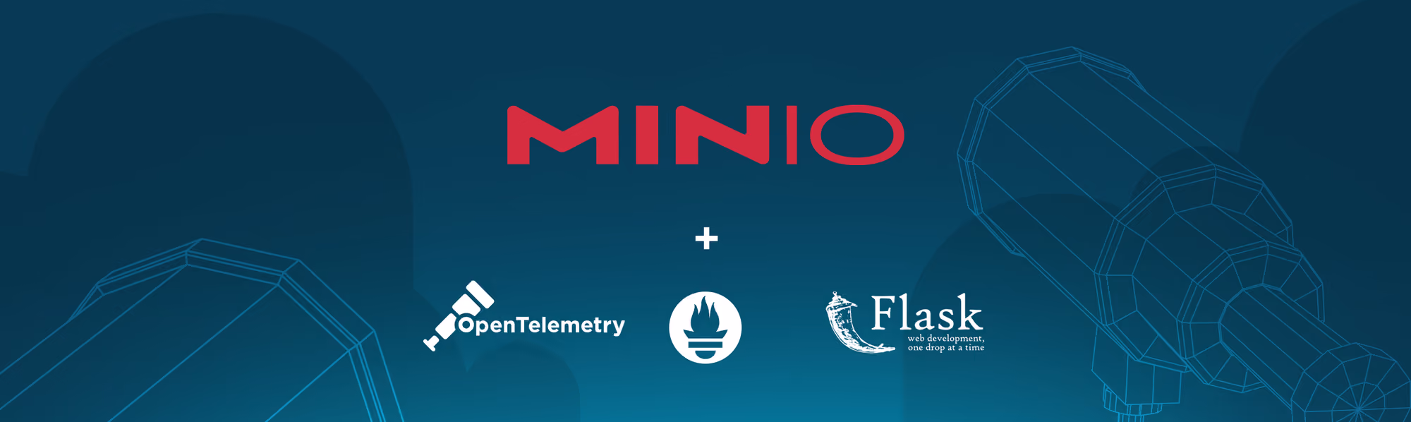 Minio logo above OpenTelemetry, Prometheus, and Flask logos on a blue tech design background.