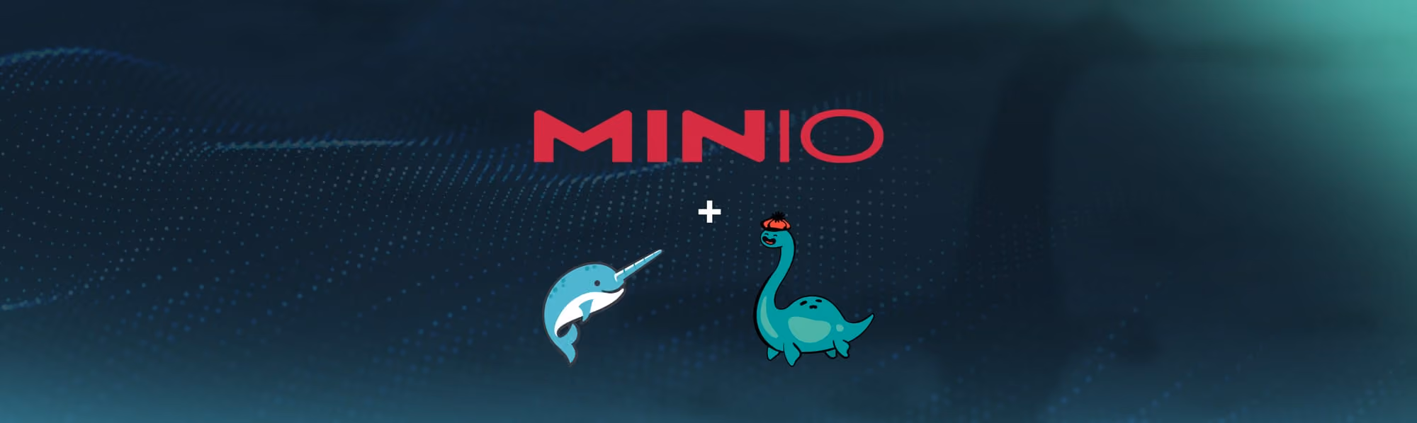 MINIO logo above illustrations of a blue narwhal and a green plesiosaur with a red hat on dark background.