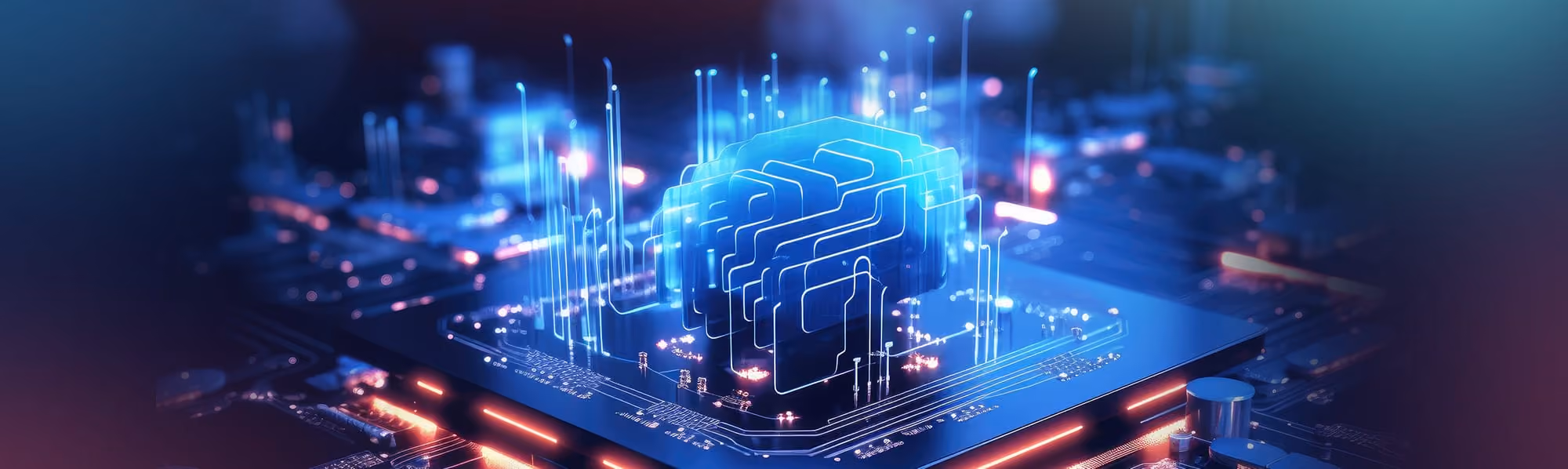Glowing blue digital brain hologram above a computer chip on a circuit board, symbolizing AI technology.